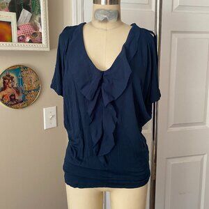 GAP Teal Silk ruffle front Stretch knit V-neck Blouse Tunic Shirt *SMALL*